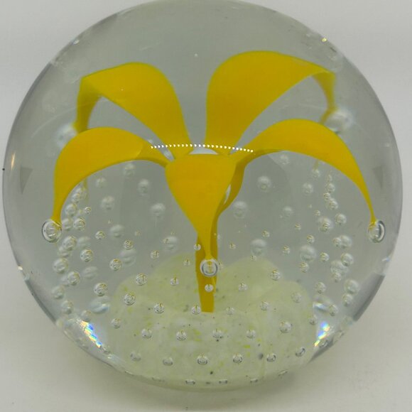Wheaton Glass Controlled Bubble Paperweight With Yellow Flower Design - Picture 14 of 16